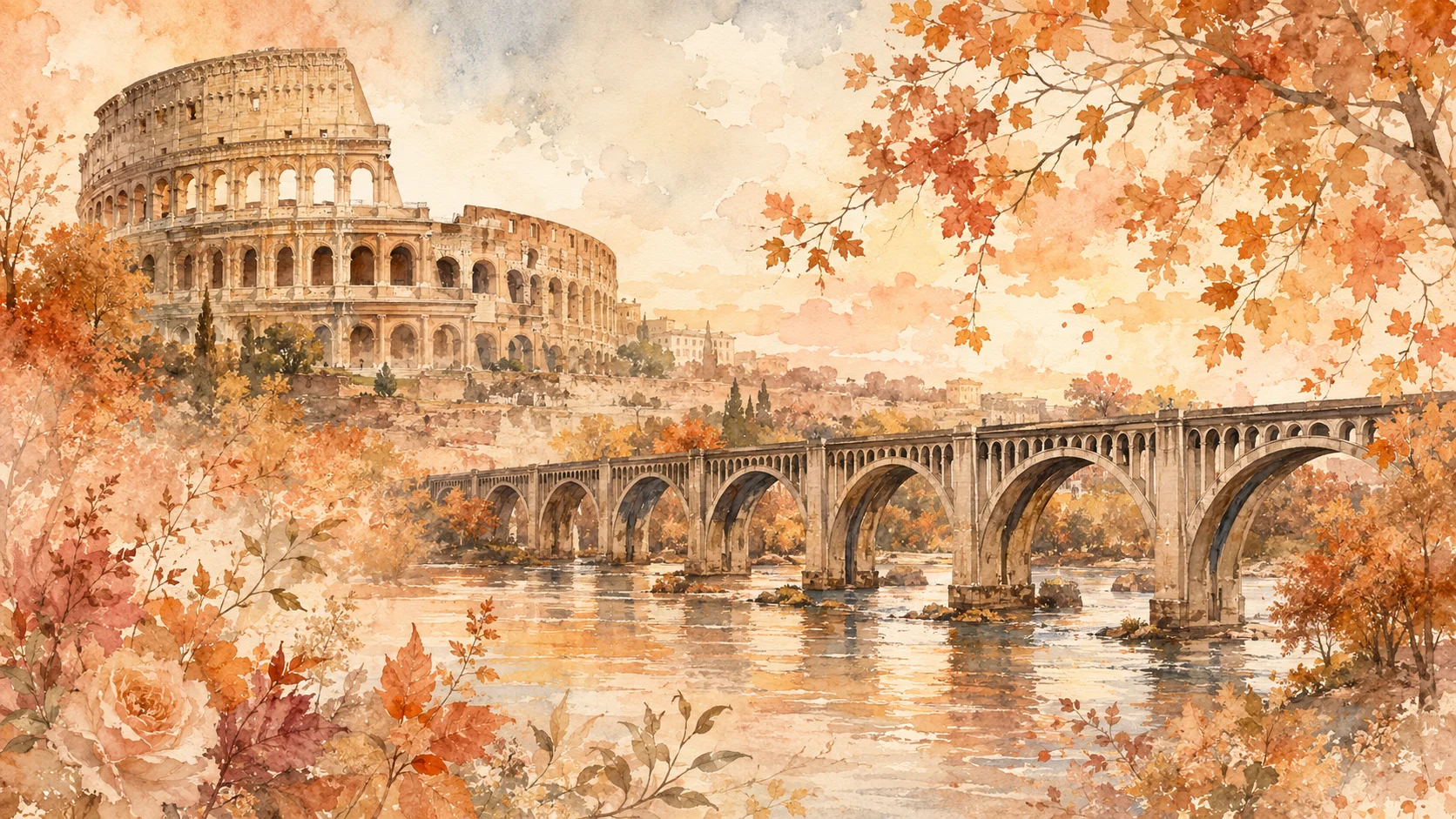 Generated Rome to Richmond wedding artwork with the CSX A-Line Bridge over the James River, the Colosseum, rollercoaster motif, and florals.